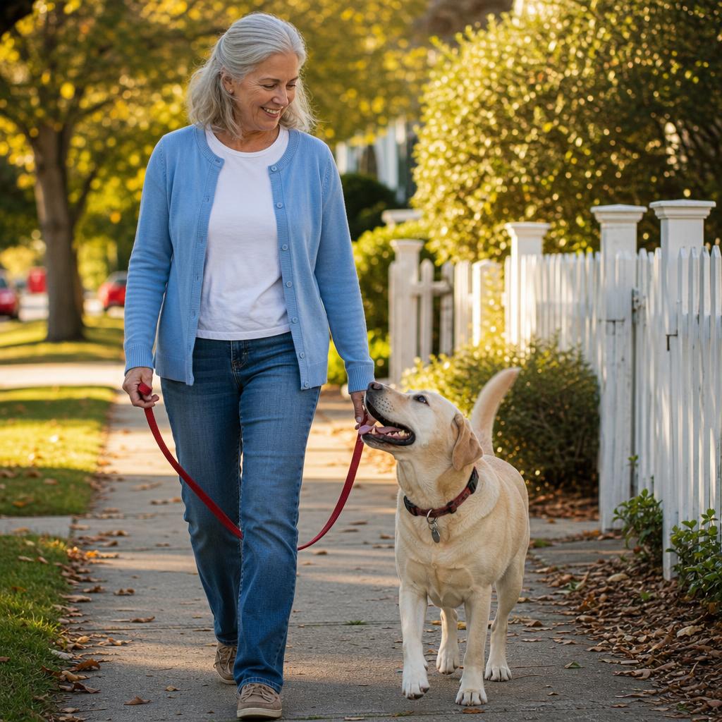 Margaret smiling and walking her yellow Labrador down her neighborhood street in the morning sun