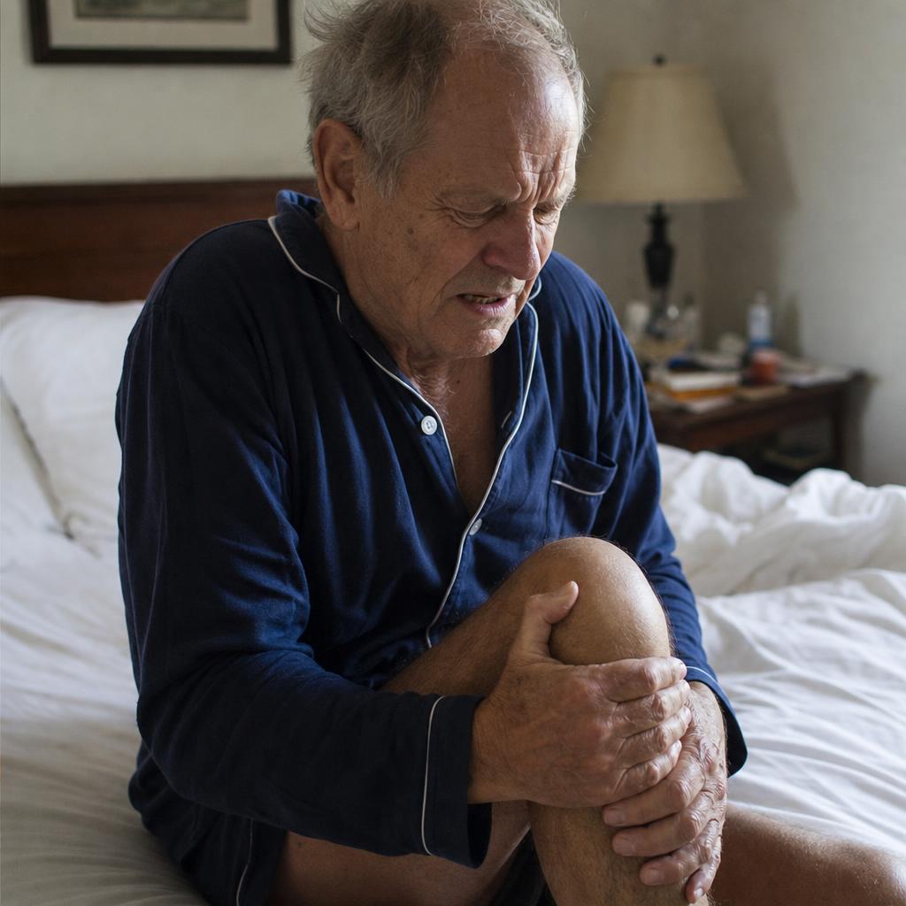 Senior man sitting on the edge of his bed clutching his painful stiff knee in the morning
