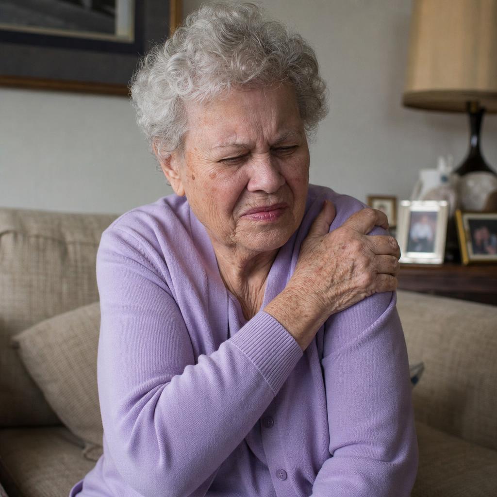 Senior woman sitting on her couch clutching her painful stiff shoulder